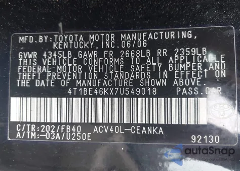 2007 Toyota Camry Le из США, поврежденный, VIN 4T1BE46KX7U549018